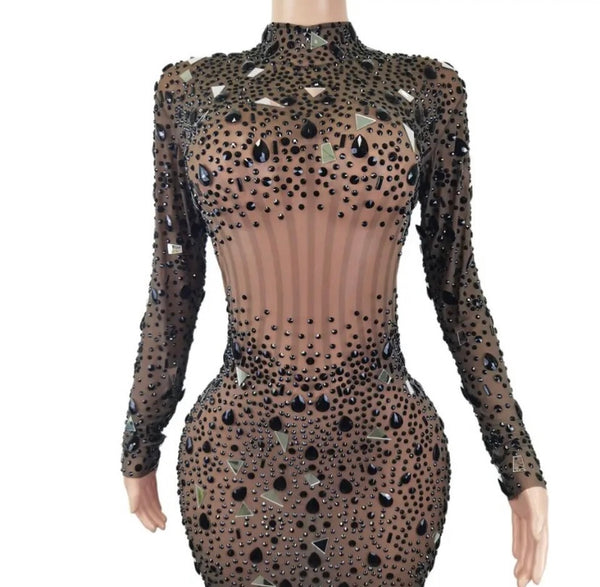 Women Sexy Crystal Gem Mesh Full Sleeve Short/Maxi Dress