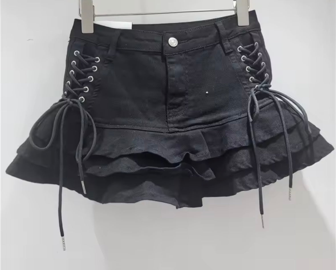 Women Fashion Color Tie Up Ruffled Denim Skirt