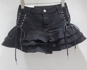 Women Fashion Color Tie Up Ruffled Denim Skirt
