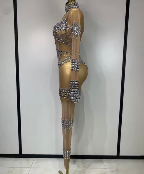 Women Sexy Fashion Rhinestone Mesh Full Sleeve Jumpsuit