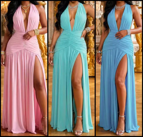 Women Sexy Halter Sleeveless Side Split Pleated Maxi Dress
