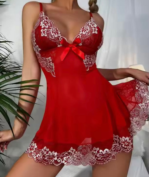 Women Red Sexy Lace Patchwork Nightgown Lingerie