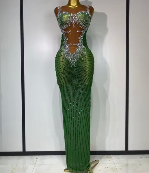 Women Sexy Sleeveless Bling Rhinestone Mesh Maxi Dress