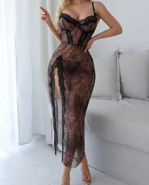 Women Sexy Sleeveless Lace Leopard Mesh Nightgown Lingerie