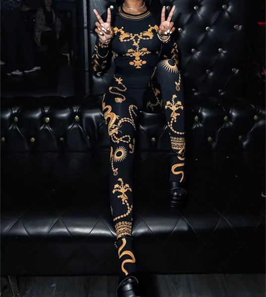 Women Black Printed Fashion Full Sleeve Two Piece Feet In Pant Set