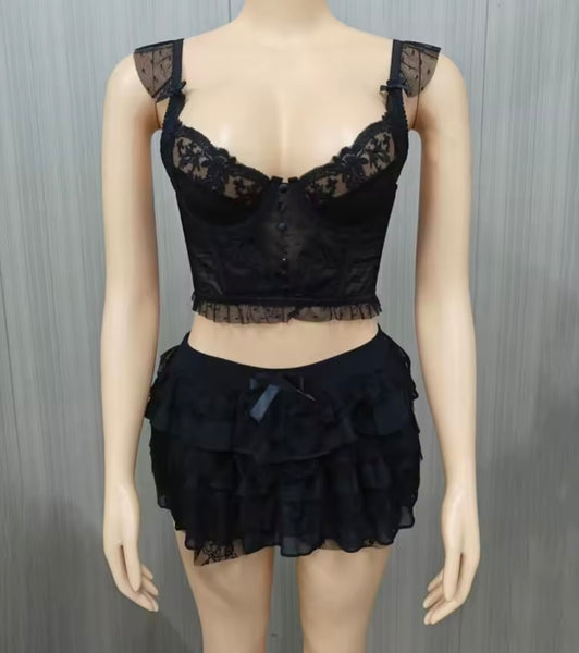 Women Sexy Sleeveless Ruffled Lace Two Piece Skirt Set