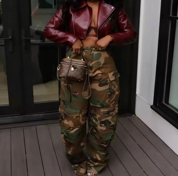 Women Color Zip Up Faux Leather Crop Jacket