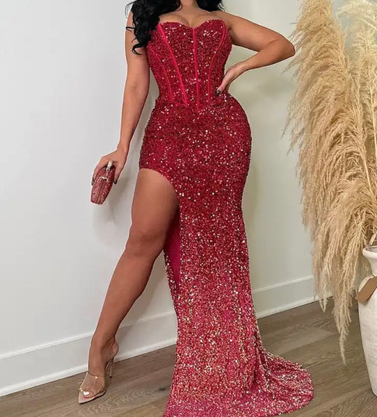 Women Sexy Strapless Sequins Side Split Maxi Dress