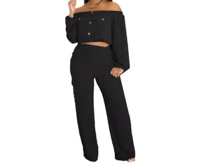 Women Fashion Button Up Pocket Full Sleeve Crop Two Piece Pant Set