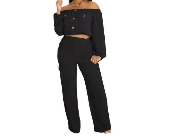 Women Fashion Button Up Pocket Full Sleeve Crop Two Piece Pant Set