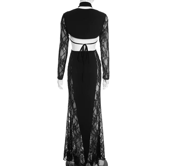 Women Sexy Halter Black Lace Full Sleeve Maxi Dress