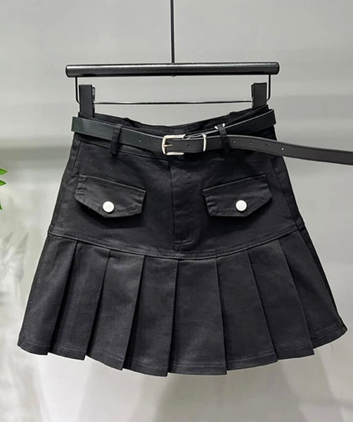 Women Pocket Pleated Fashion Denim Skirt