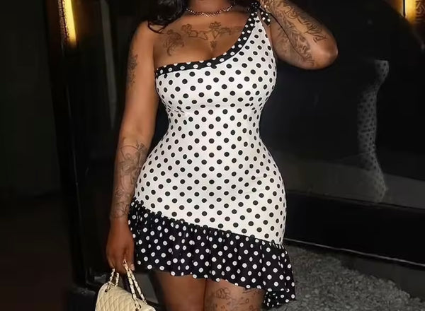 Women Sexy Tie Up One Shoulder Sleeveless Polka Dot Dress