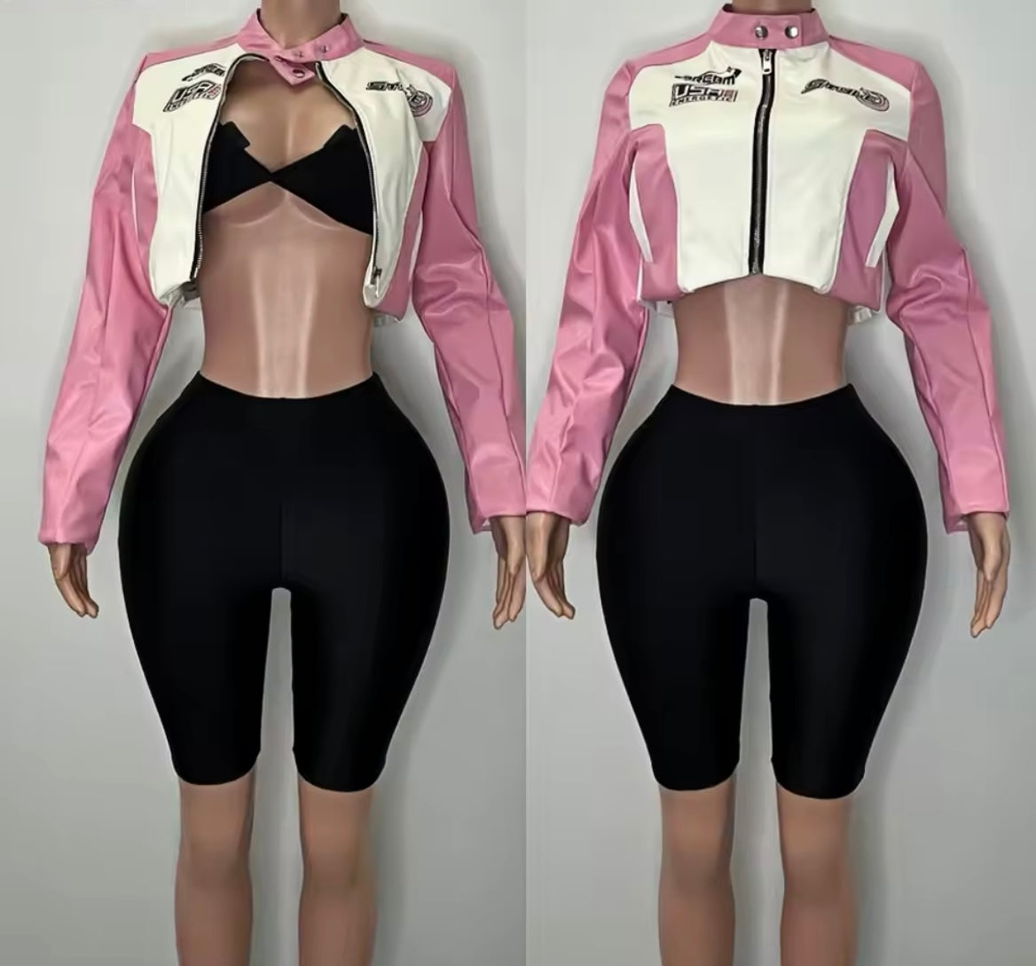 Women Sexy Zip Up Jacket Two Piece Fashion Short Set