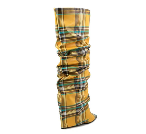 Women Fashion Color Plaid Wedge Platform Ruched Knee High Boots