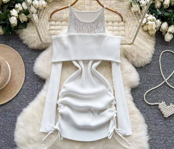Women Bling Ribbed Full Sleeve Sexy Drawstring Dress