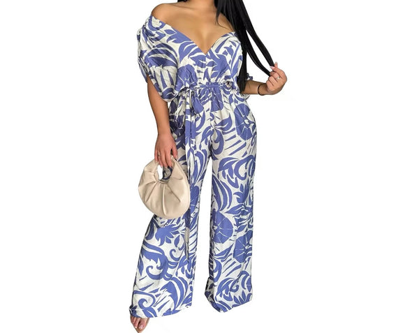 Women Off The Shoulder Short Sleeve Printed Jumpsuit