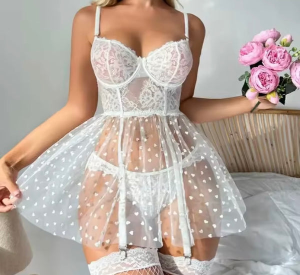 Women Sexy White Lace Heart Mesh Lingerie Set