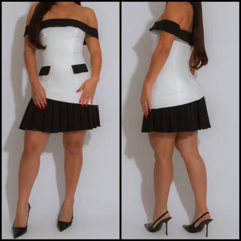 Women Sexy Off The Shoulder B&W Pleated Pocket Dress