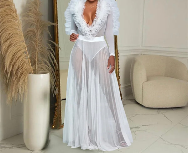 Women Sexy Full Sleeve Ruffled Mesh Maxi Dress