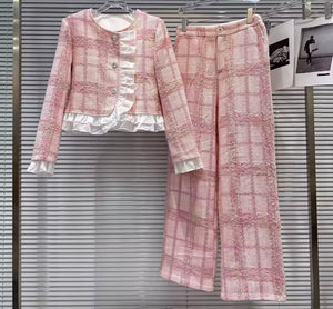 Women Pink Plaid Ruffled Blazer Tweed Two Piece Pant Set