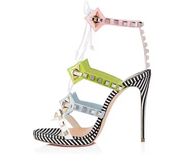 Women Fashion Rivet Lace Up High Heel Sandals