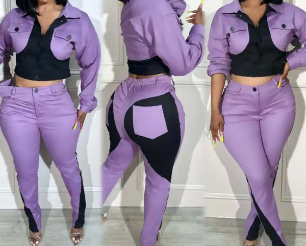 Women Fashion Color Patchwork Full Sleeve Button Up Pant Set
