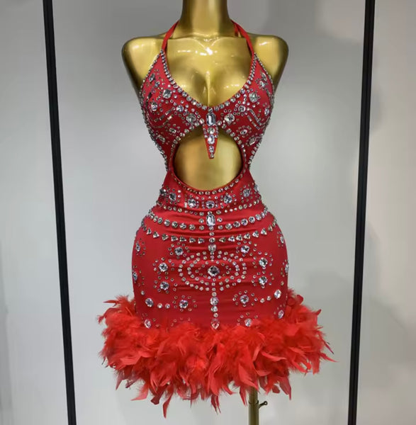 Women Sexy Halter Sleeveless Cut Out Rhinestone Feather Dress