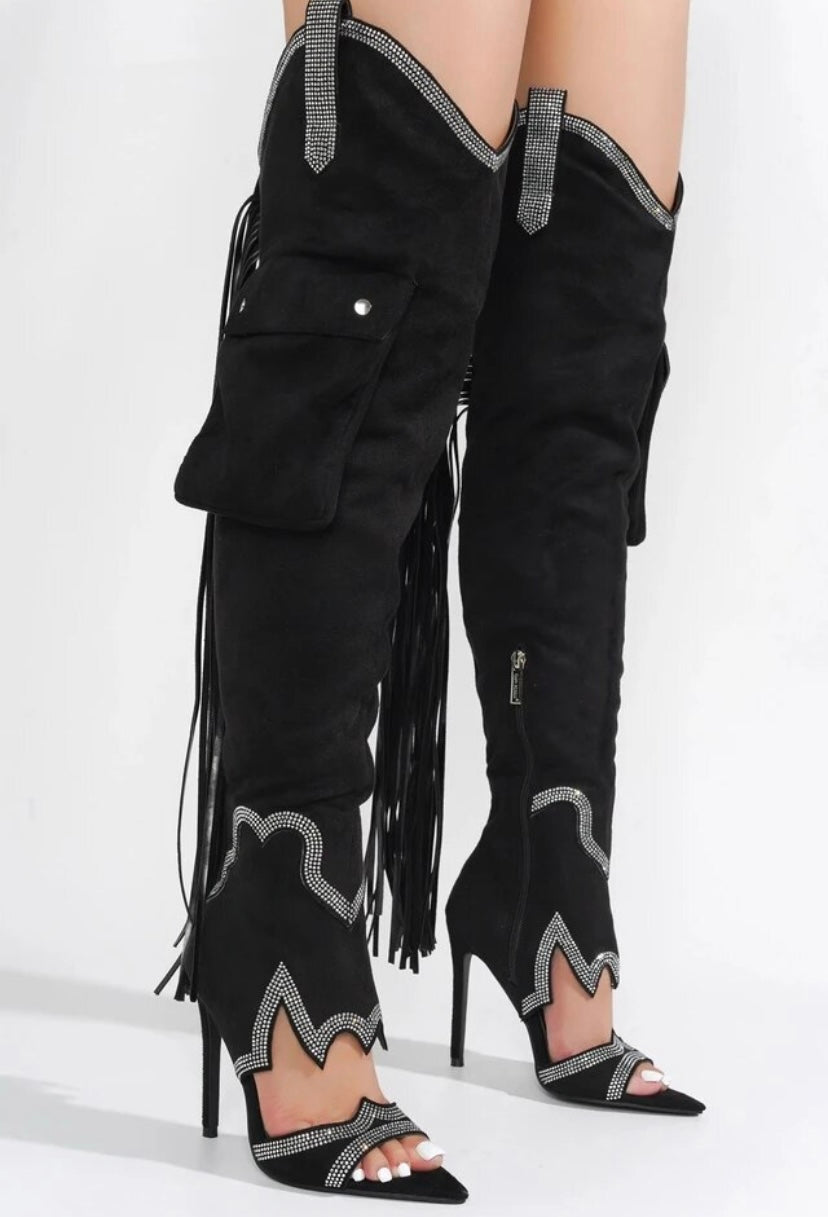 Women Open Toe Pocket Tassel Fashion Knee High Boots