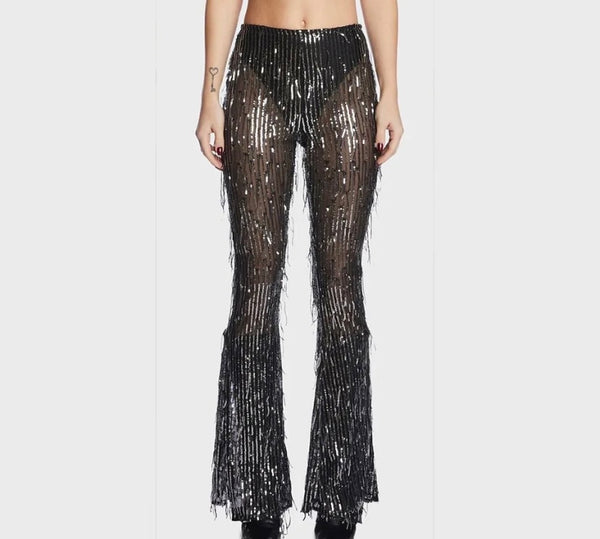 Women Sexy Bling Mesh Tassel Pants