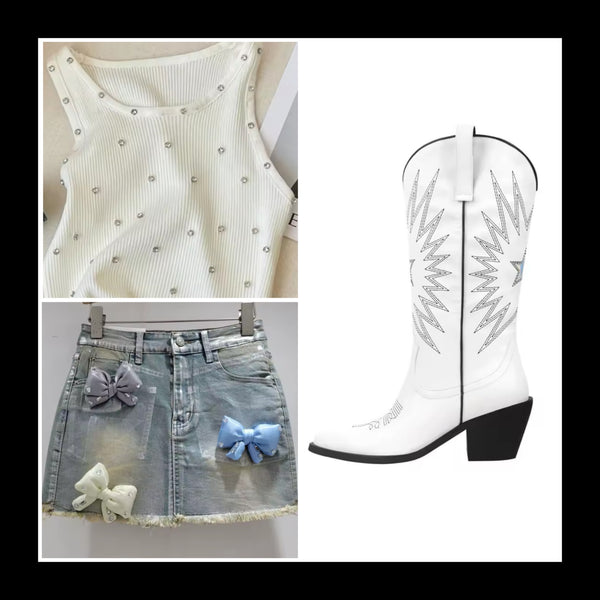 Women Fashion White Metallic Star Knee High Western Boots