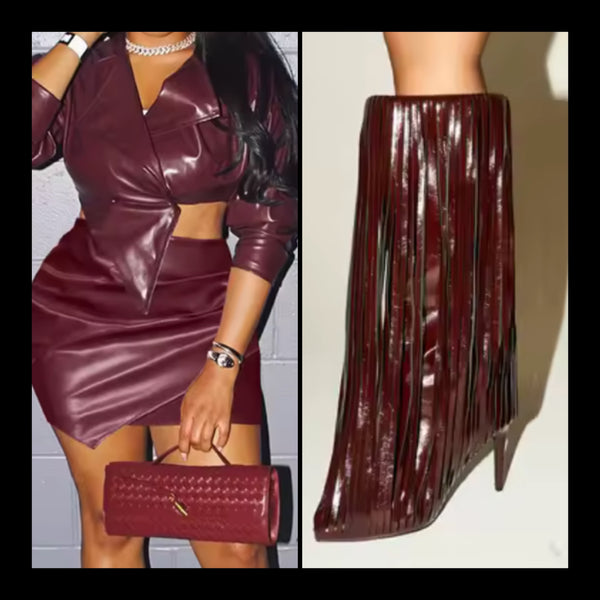 Women Color Fashion Faux Leather Two Piece Skirt Set