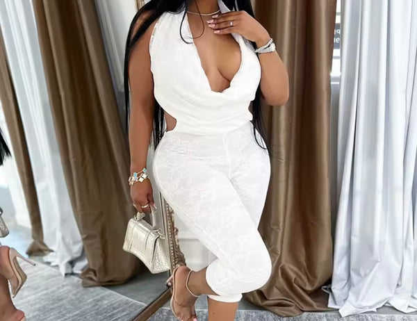Women Sexy Halter Sleeveless Open Back Lace Romper