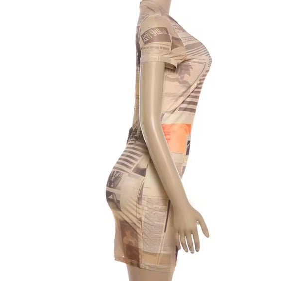 Women Sexy Printed Short Sleeve Mesh Dress