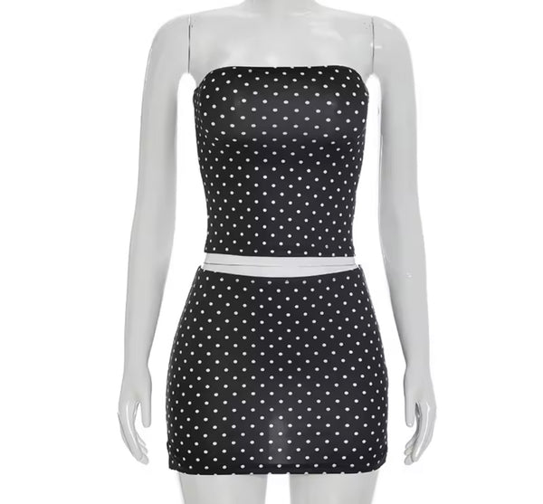 Women Sexy Strapless Polka Dot Two Piece Skirt Set