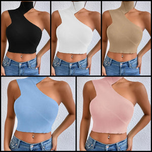 Women Sexy Ribbed One Shoulder Sleeveless Crop Top