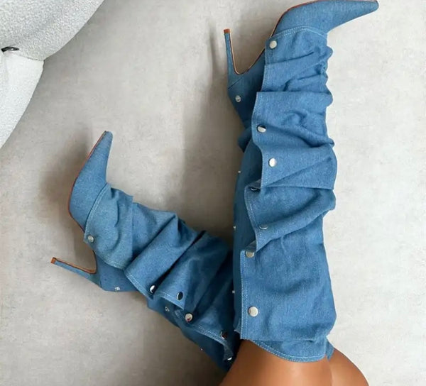 Women Fashion Pointed Toe High Heel Button Denim Boots