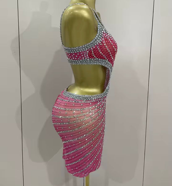 Women Sexy Sleeveless Open Back Pink Rhinestone Dress