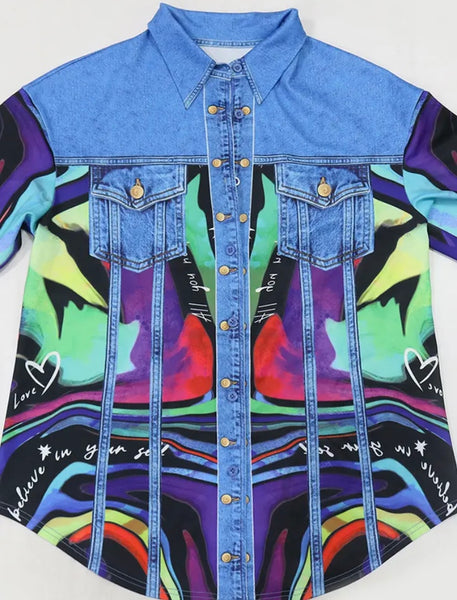 Women Sexy Full Sleeve Printed Denim Patchwork Two Piece Skirt Set