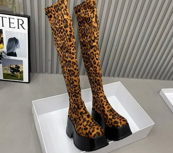 Women Fashion Leopard Print Platform Ankle/Knee High Boots