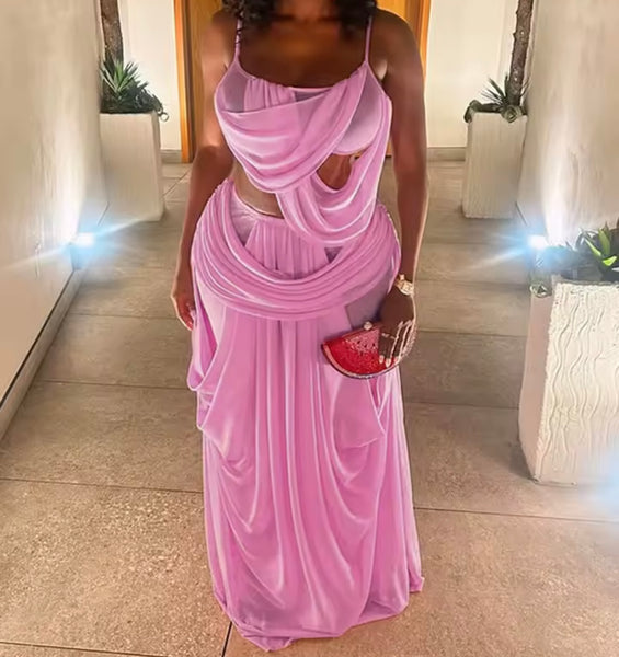 Women Pink Sexy Sleeveless Draped Two Piece Maxi Skirt Set