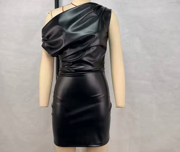 Women Sexy PU Ruched Short Sleeve Dress