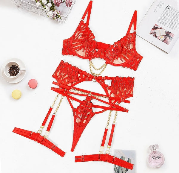 Women Sexy Red Chain Lingerie Set