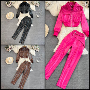 Women PU Fashion Two Piece Jacket Pant Set