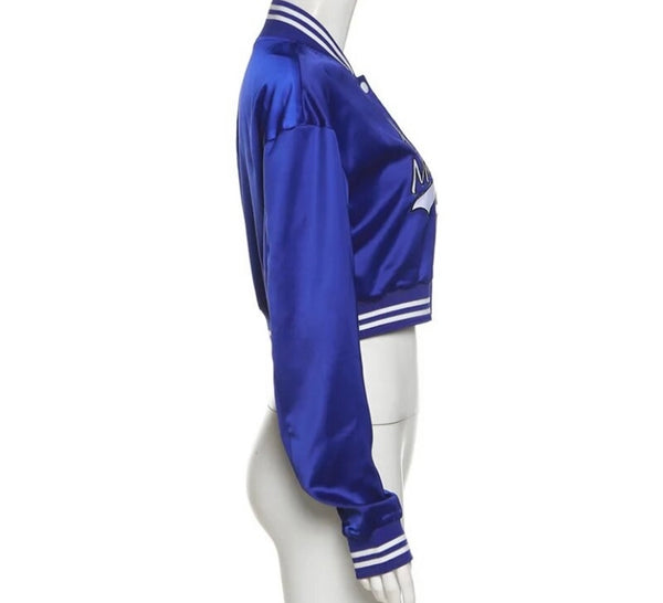 Women Fashion Letter Print Satin Varsity Crop Jacket