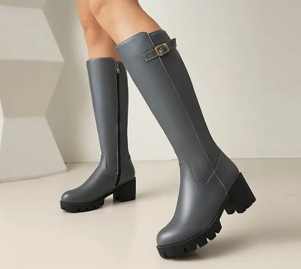Women Fashion Round Toe Buckled Faux Leather Knee High Boots