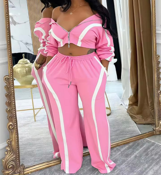 Women Fashion Velour Striped Zip Up Tracksuit Two Piece Pant Set