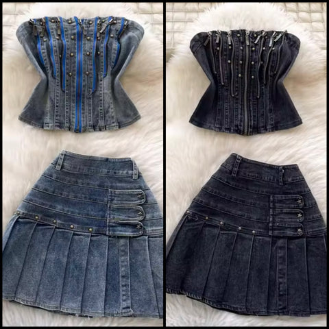 Women Zipper Strapless Denim Two Piece Pleated Skirt Set
