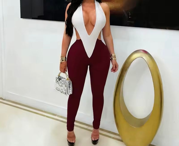 Women Halter Sleeveless Color Patchwork Jumpsuit