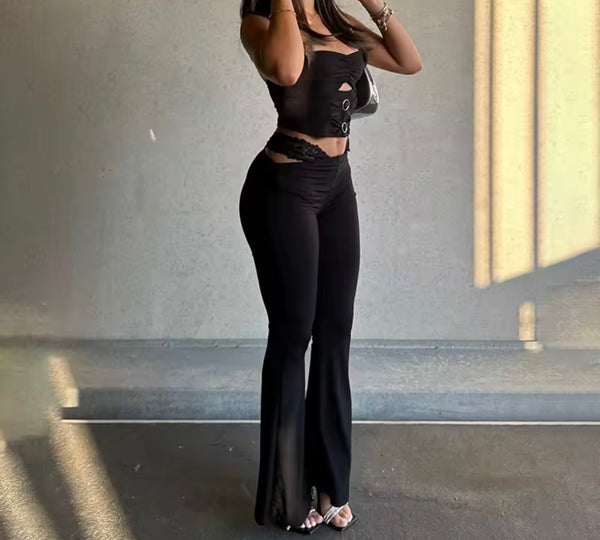 Women Sexy Halter Sleeveless Black Two Piece Pant Set